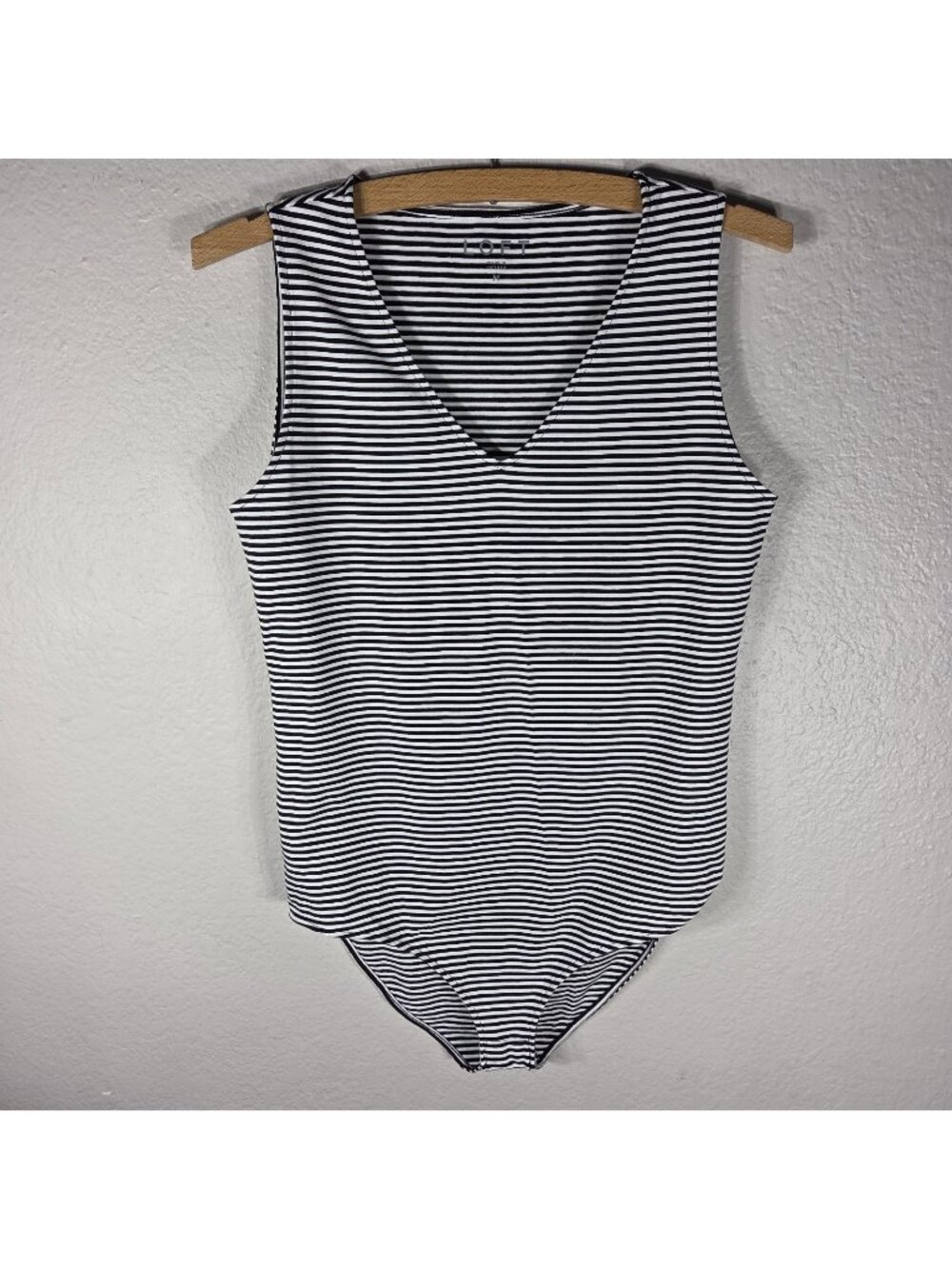 Loft Womens Striped Sleeveless Bodysuit Black White Size M Cotton V-Neck